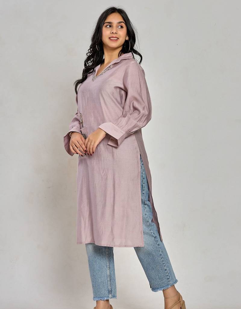 Lavender color embroidery with mirror work kurti
