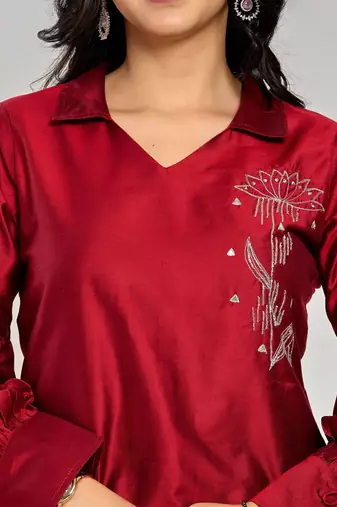 Maroon color zari embroidery kurta with pant