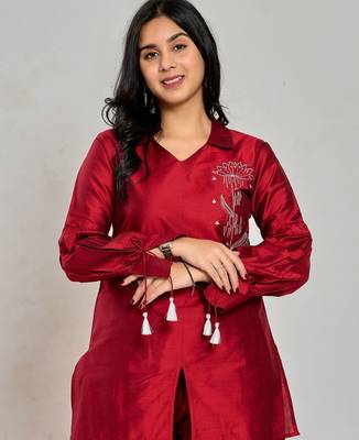 Maroon color zari embroidery kurta with pant 5
