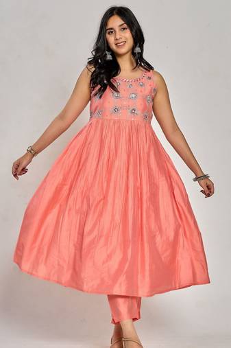Coral pink color floral embroidery with mirror and thread work anarkali kurta pant