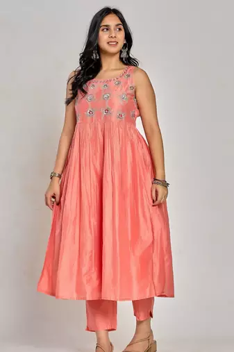 Coral pink color floral embroidery with mirror and thread work anarkali kurta pant