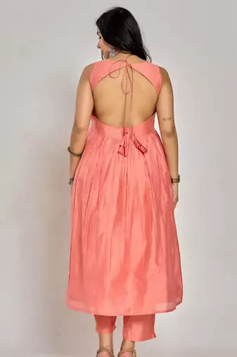 Coral pink color floral embroidery with mirror and thread work anarkali kurta pant
