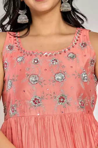 Coral pink color floral embroidery with mirror and thread work anarkali kurta pant