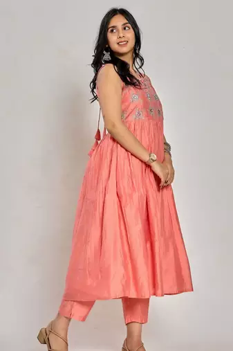 Coral pink color floral embroidery with mirror and thread work anarkali kurta pant