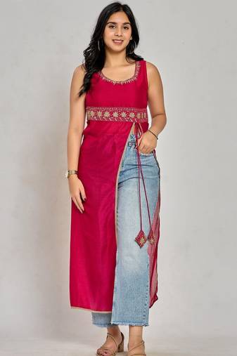 Pink color zari and sequin work kurti