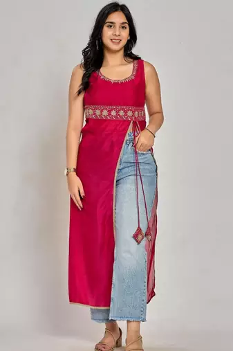 Pink color zari and sequin work kurti