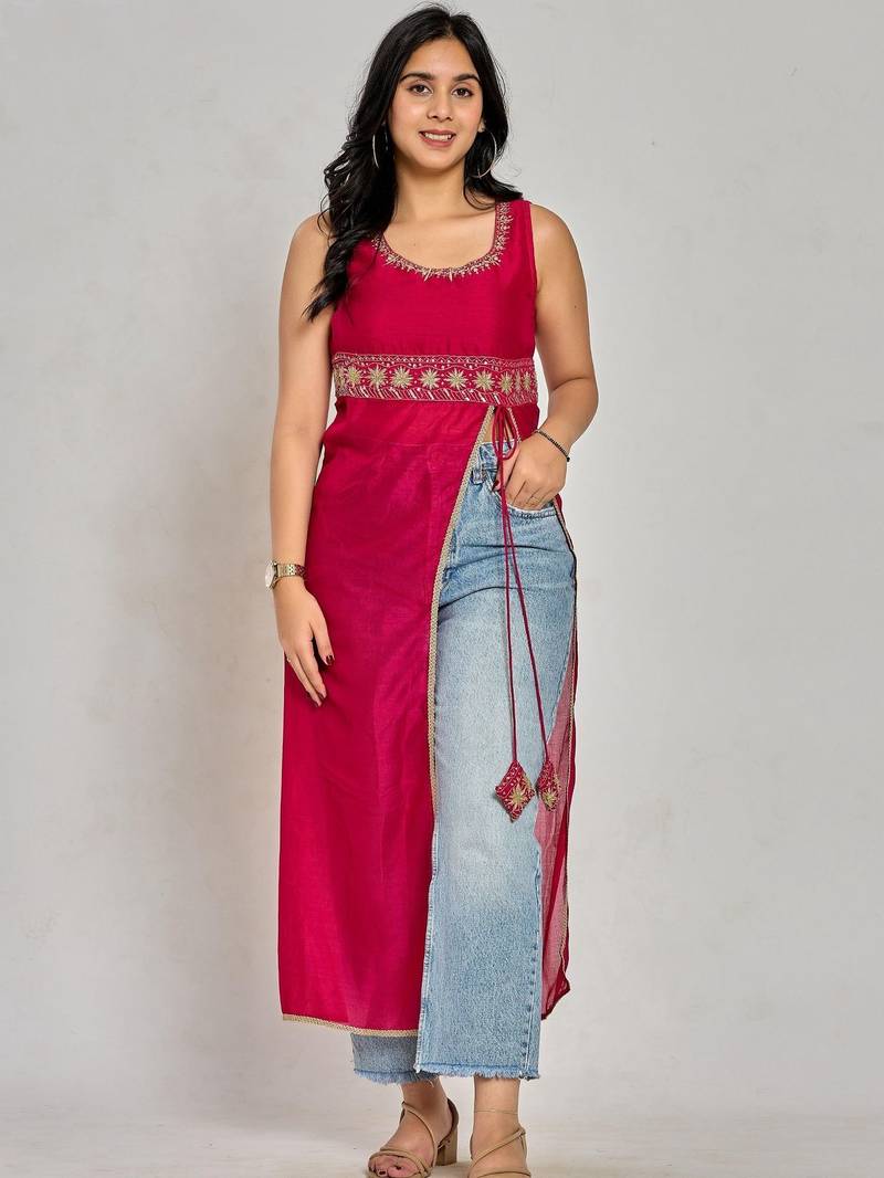 Pink color zari and sequin work kurti