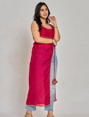 Pink color zari and sequin work kurti 2