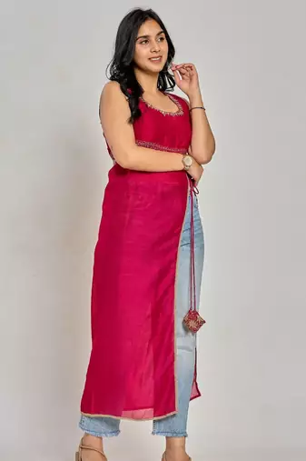 Pink color zari and sequin work kurti