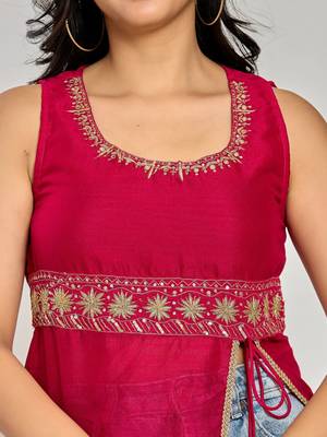 Pink color zari and sequin work kurti 4