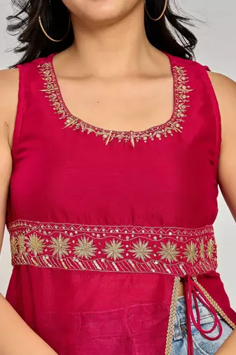 Pink color zari and sequin work kurti