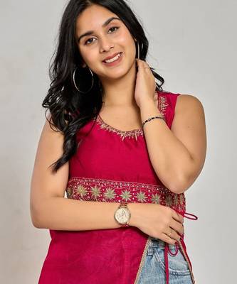 Pink color zari and sequin work kurti 5