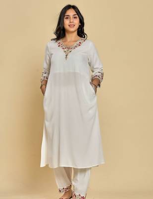 White color zari with thread work kurta with pant 1