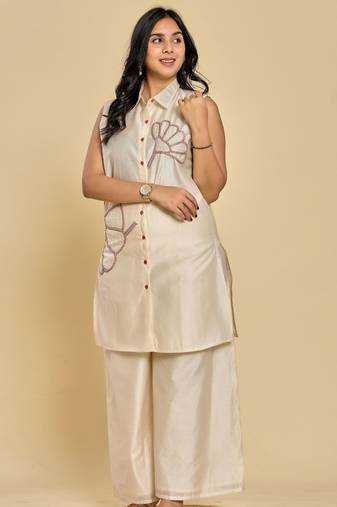 Ivory color thread embroidery with beads kurta with pant