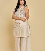 Ivory color thread embroidery with beads kurta with pant