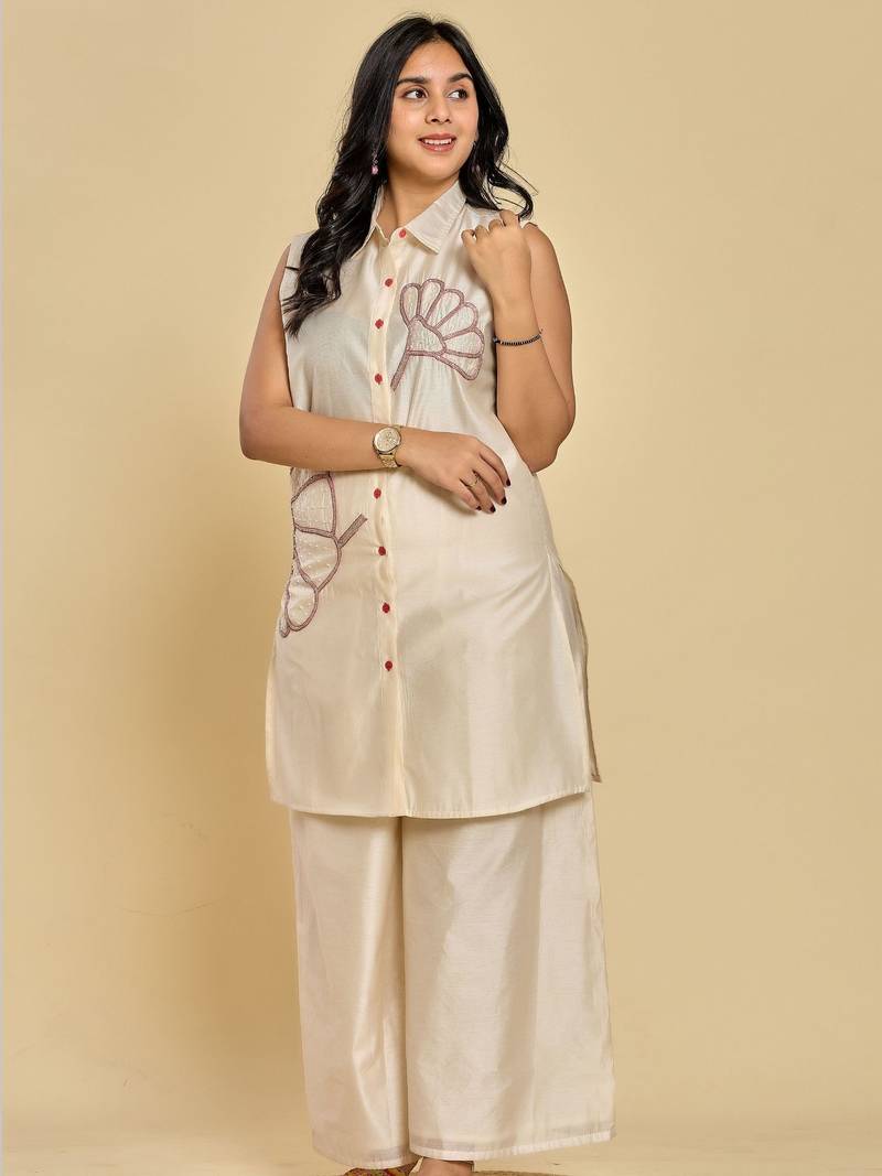 Ivory color thread embroidery with beads kurta with pant