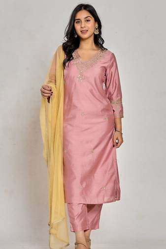 Pink color dabka embroidery with mirror work kurta with pant and duptta