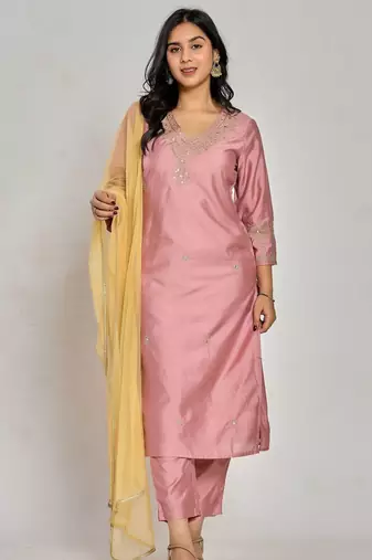 Pink color dabka embroidery with mirror work kurta with pant and duptta