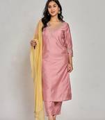 Pink color dabka embroidery with mirror work kurta with pant and duptta