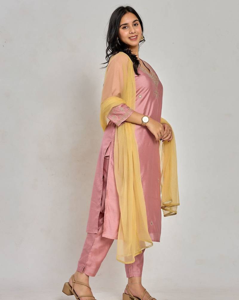 Pink color dabka embroidery with mirror work kurta with pant and duptta