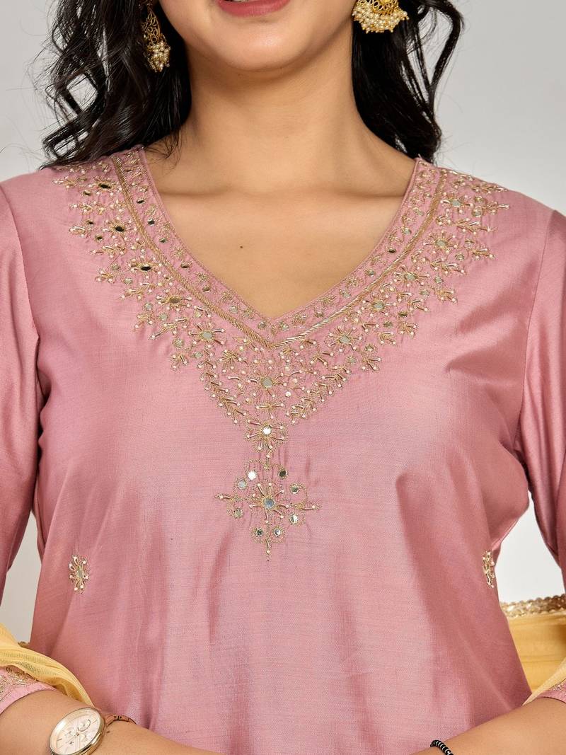 Pink color dabka embroidery with mirror work kurta with pant and duptta