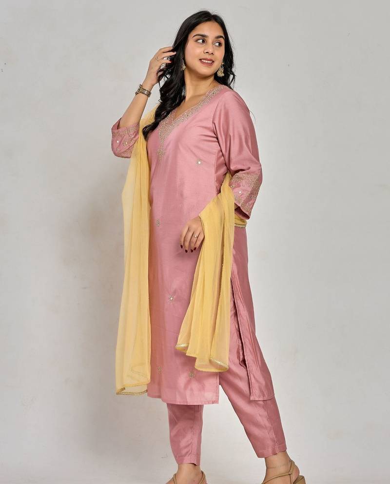 Pink color dabka embroidery with mirror work kurta with pant and duptta