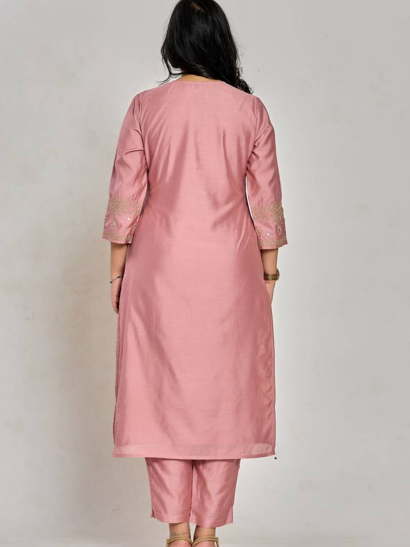 Pink color dabka embroidery with mirror work kurta with pant and duptta