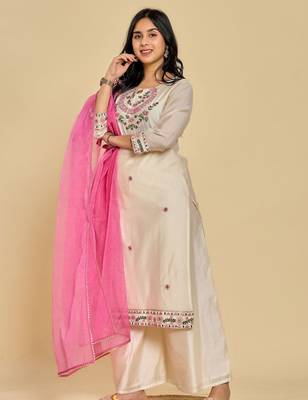 White color resham embroidery with mirror work kurta with pant and duptta 1