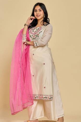 White color resham embroidery with mirror work kurta with pant and duptta