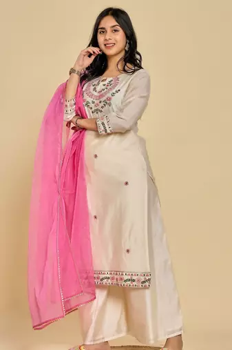 White color resham embroidery with mirror work kurta with pant and duptta