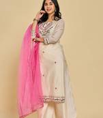 White color resham embroidery with mirror work kurta with pant and duptta