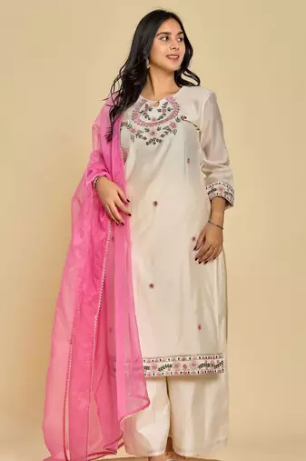 White color resham embroidery with mirror work kurta with pant and duptta