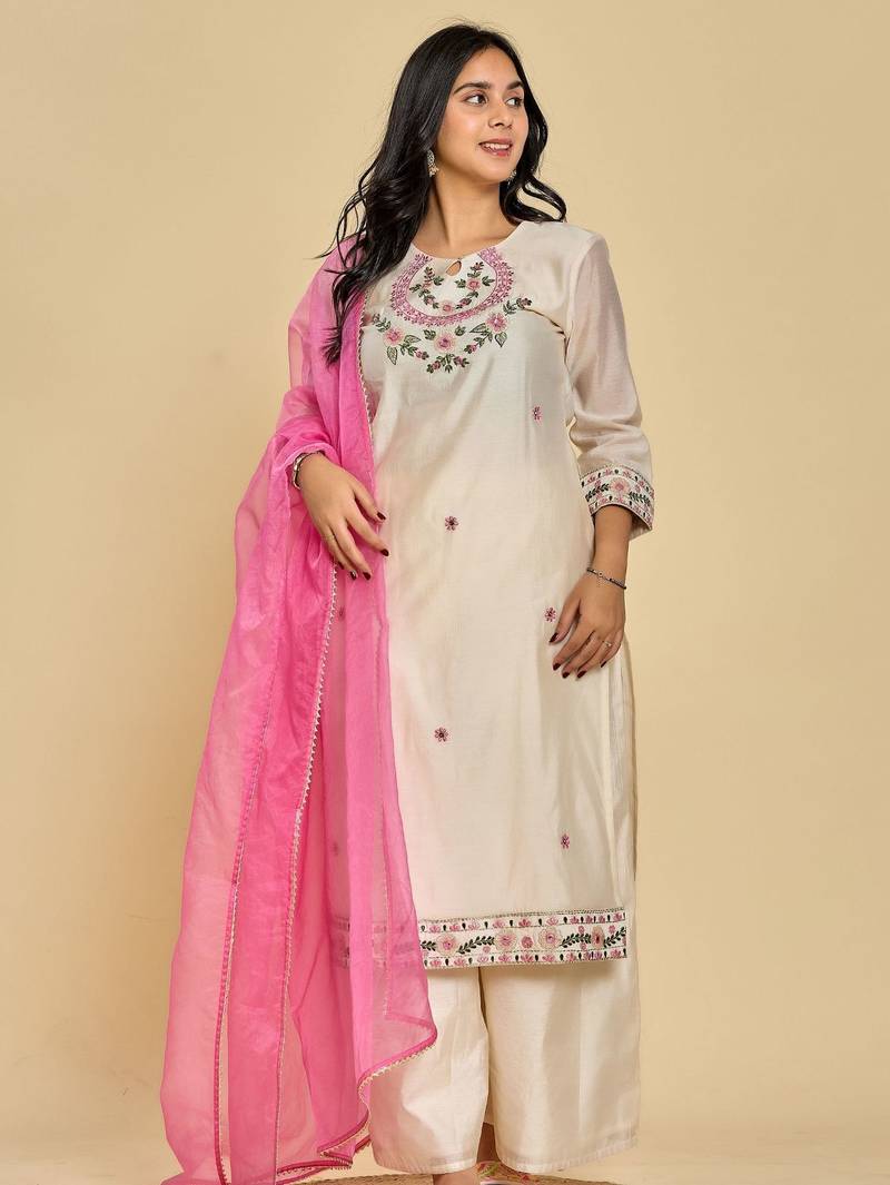 White color resham embroidery with mirror work kurta with pant and duptta