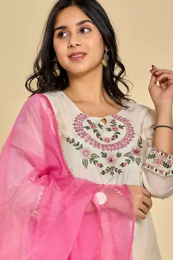 White color resham embroidery with mirror work kurta with pant and duptta