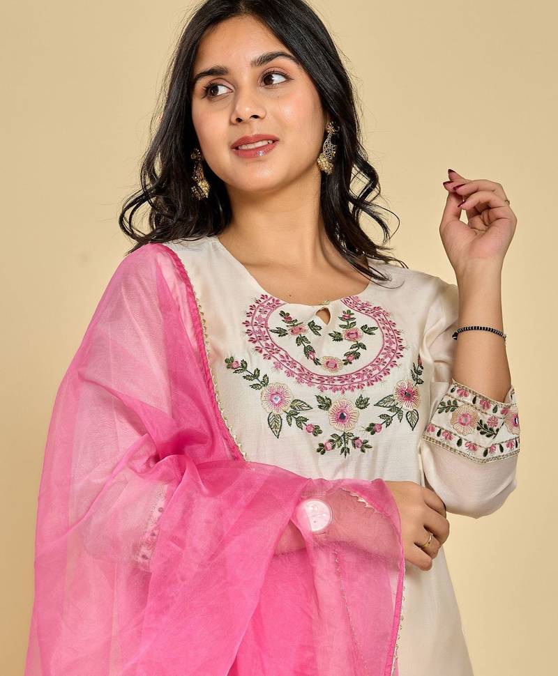 White color resham embroidery with mirror work kurta with pant and duptta