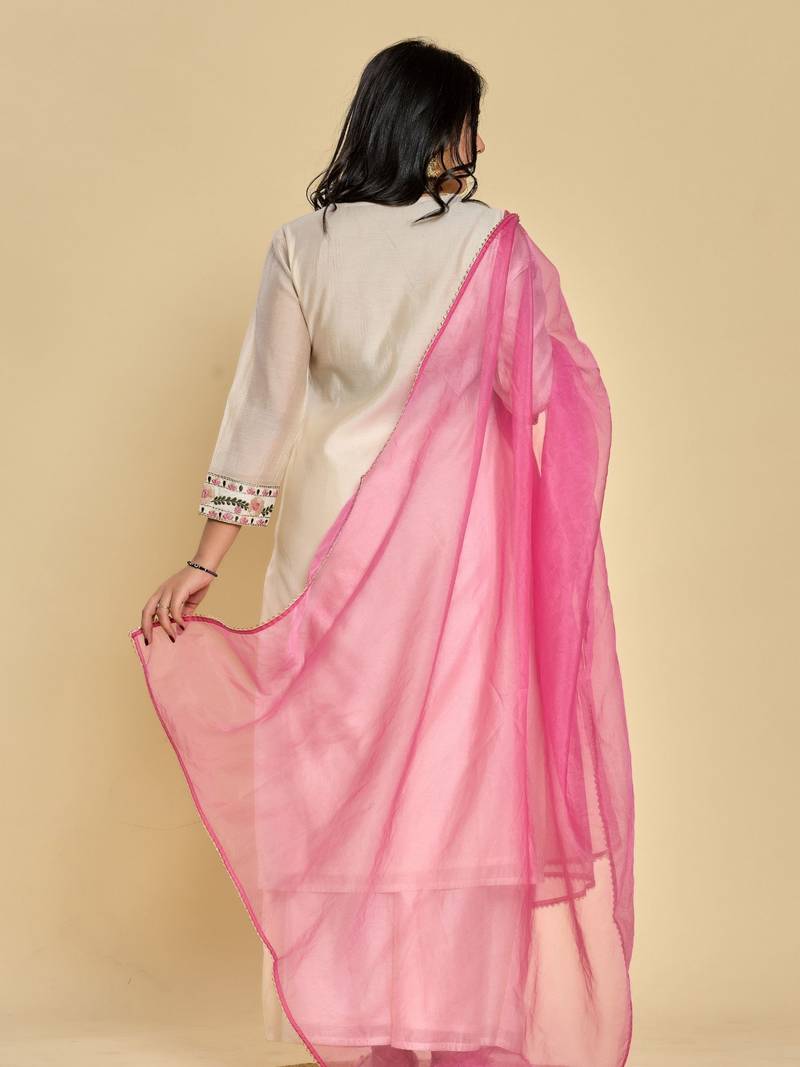 White color resham embroidery with mirror work kurta with pant and duptta