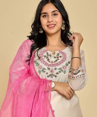 White color resham embroidery with mirror work kurta with pant and duptta 5