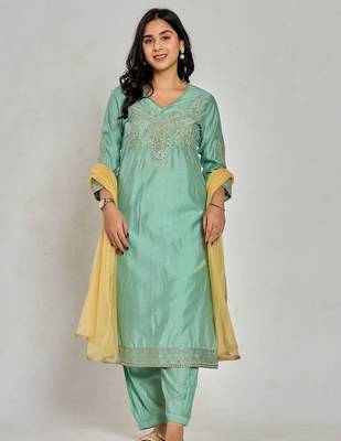 Mint green color zari embroidery kurta with pant and duptta 1