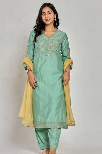 Mint green color zari embroidery kurta with pant and duptta