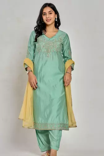Mint green color zari embroidery kurta with pant and duptta