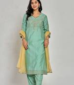 Mint green color zari embroidery kurta with pant and duptta