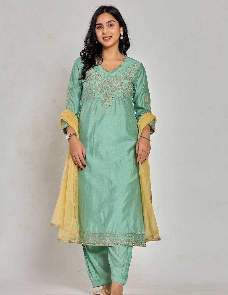 Mint green color zari embroidery kurta with pant and duptta