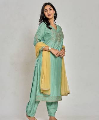 Mint green color zari embroidery kurta with pant and duptta 2