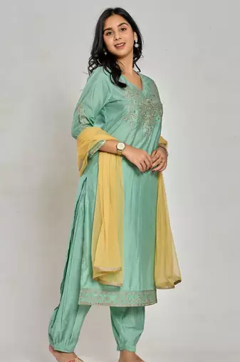 Mint green color zari embroidery kurta with pant and duptta
