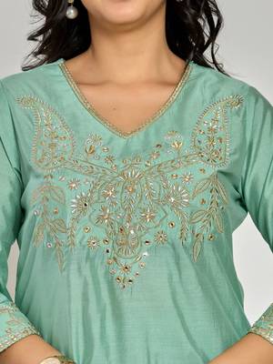 Mint green color zari embroidery kurta with pant and duptta 3