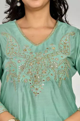 Mint green color zari embroidery kurta with pant and duptta