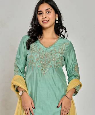 Mint green color zari embroidery kurta with pant and duptta 4