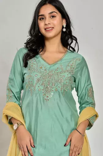 Mint green color zari embroidery kurta with pant and duptta