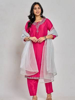 Pink color mirror work with zari and sequin work kurta with pant and duptta 1