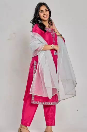 Pink color mirror work with zari and sequin work kurta with pant and duptta